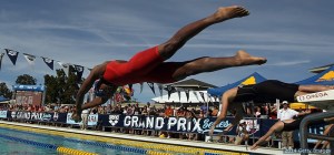 SANTA CLARA, CA - JUNE 20:  Simone Manuel dives in for the women's 100 meter freestyle final during the 2014 Arena Grand Prix of Santa Clara at the George F. Haines International Swim Center on June 20, 2014 in Santa Clara, California.  (Photo by Ezra Shaw/Getty Images)